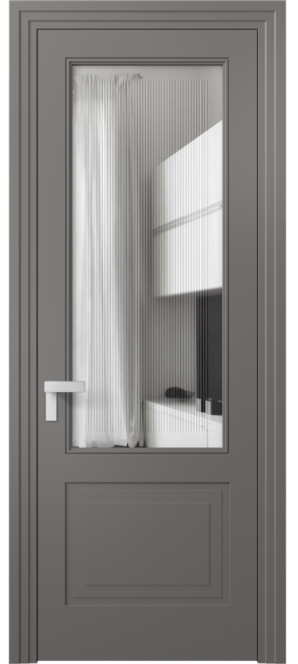 Межкомнатная дверь Rocca 8352 Матовый классический серый Прозрачное стекло с гравировкой "Каннелюры", триплекс Цена 73519 ₽ | Volhovec