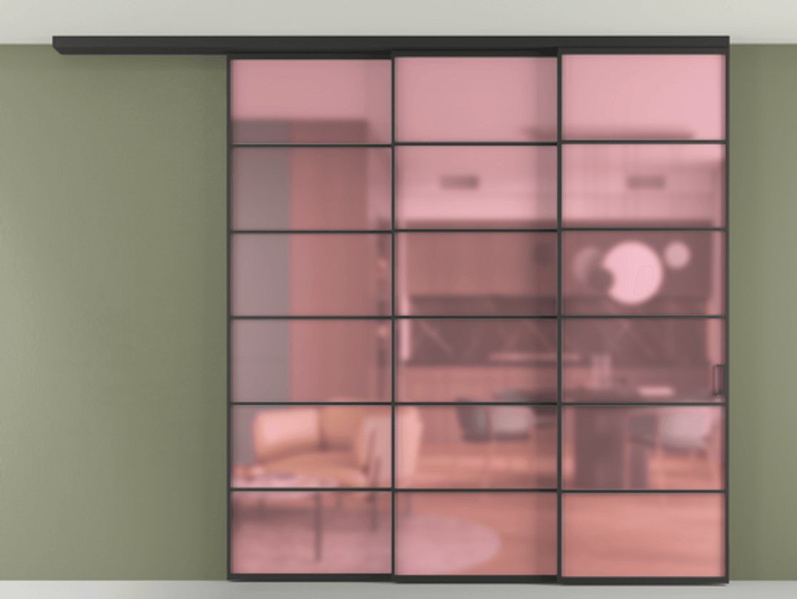 Перегородка Formato вдоль стены на потолок 3 створки с синхронным механизмом АЛПР 040.04 Алюминий Черный Сатинированное розовое стекло, триплекс Цена 396896 ₽ | Volhovec