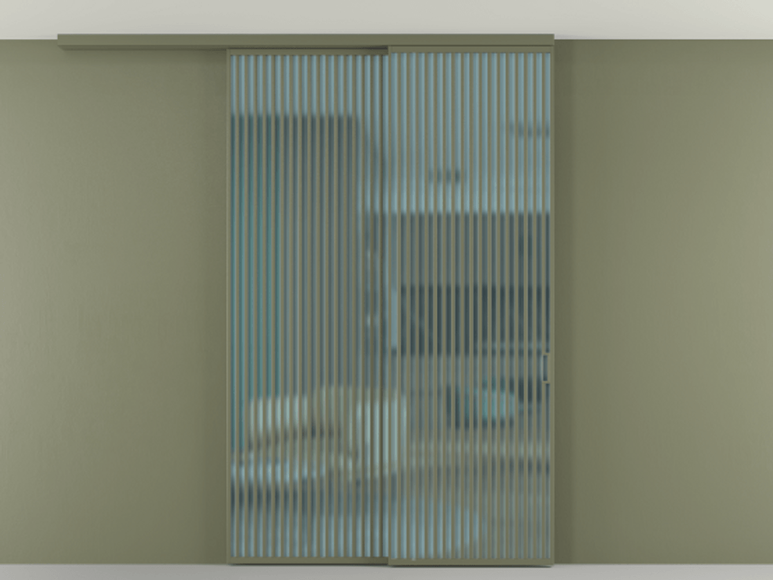 Перегородка Formato вдоль стены на потолок 2 створки с синхронным механизмом АЛПР 040.06 Алюминий оливковый тёмный Сатинированное голубое стекло, триплекс Цена 450456 ₽ | Volhovec