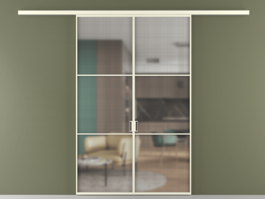 Перегородка Formato вдоль стены 2 створки АЛПР 040.03 Алюминий молочно-белый Декоративное стекло с сеткой "Mesh silver", триплекс Цена 249000 ₽ | Volhovec