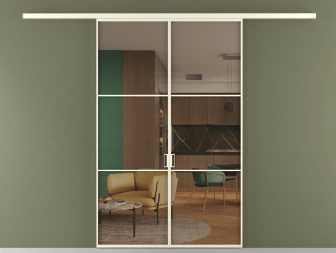 Перегородка Formato вдоль стены 2 створки АЛПР 040.03 Алюминий молочно-белый Прозрачное бронзовое стекло, триплекс Цена 202960 ₽ | Volhovec