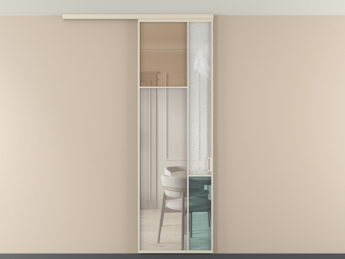 Перегородка Mosaic вдоль стены на потолок 1 створка АЛПР 041.10 Алюминий бежево-серый Комбинация стекол Группы 1 и Группы 3 Цена 141040 ₽ | Volhovec