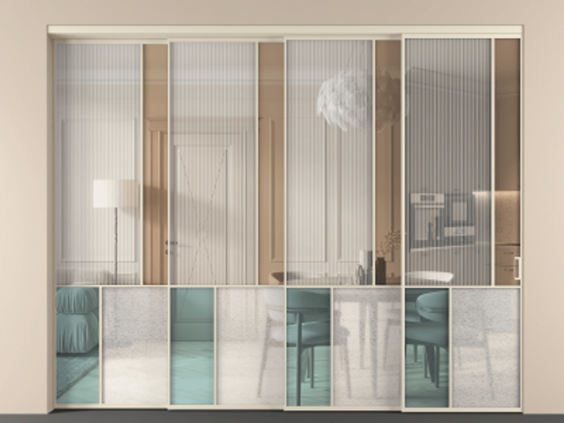 Перегородка Mosaic внутри проёма 4 створки с синхронным механизмом АЛПР 041.21 Алюминий бежево-серый Комбинация стекол Группы 1 и Группы 3 Цена 611520 ₽ | Volhovec