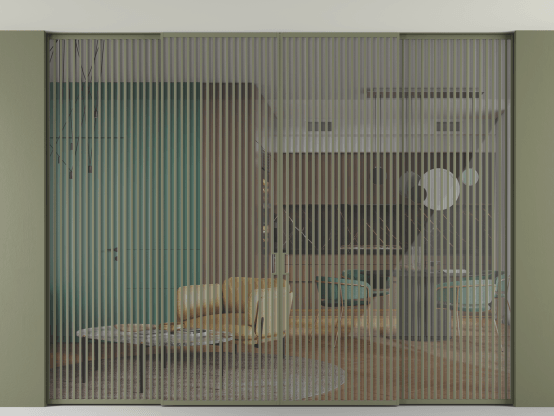 Алюминевая перегородка АЛПР 040.06 АОТ Алюминий оливковый тёмный Stopsol Clear прозрачное. Цвет Алюминий оливковый тёмный. Материал Алюминий в эмали. Коллекция Перегородка Formato внутри проёма скрытое крепление в потолок 4 створки. Картинка.