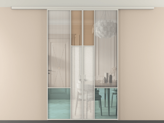 Алюминевая перегородка vdp2_8 Алюминий тёплый серый Четыре стекла. Цвет Алюминий тёплый серый. Материал Алюминий в эмали. Коллекция Перегородка Mosaic вдоль стены на потолок 2 створки. Картинка.